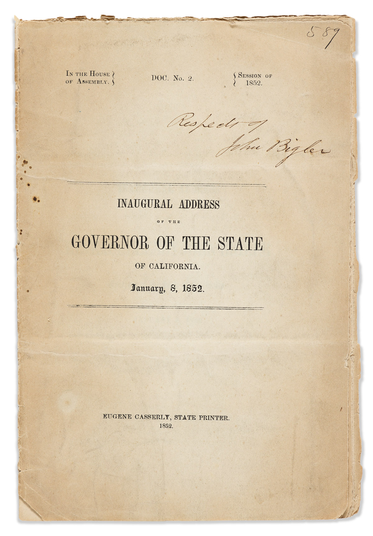 (CALIFORNIA.) John Bigler. Inaugural Address of the Governor of the State of California, January 8, 1852.